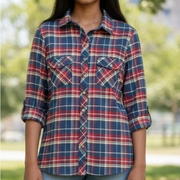 KUHL Women's Plaid Button-Down Flannel Shirt Gorpcore Grunge Medium Red Blue - Picture 9 of 9